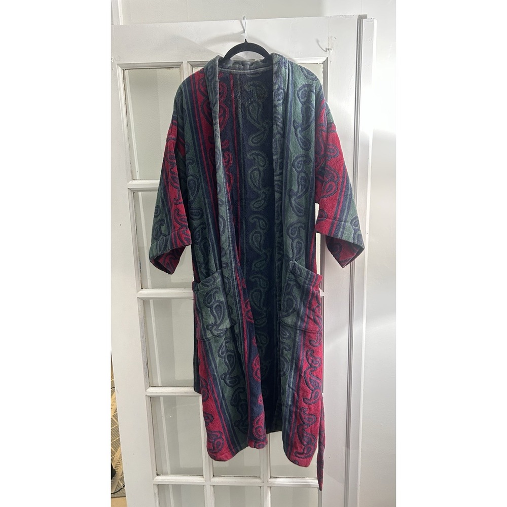 Vintage Turkish Cotton Blend Robe Knightsbridge OS Burgundy Green Paisley Belted - Picture 11 of 16